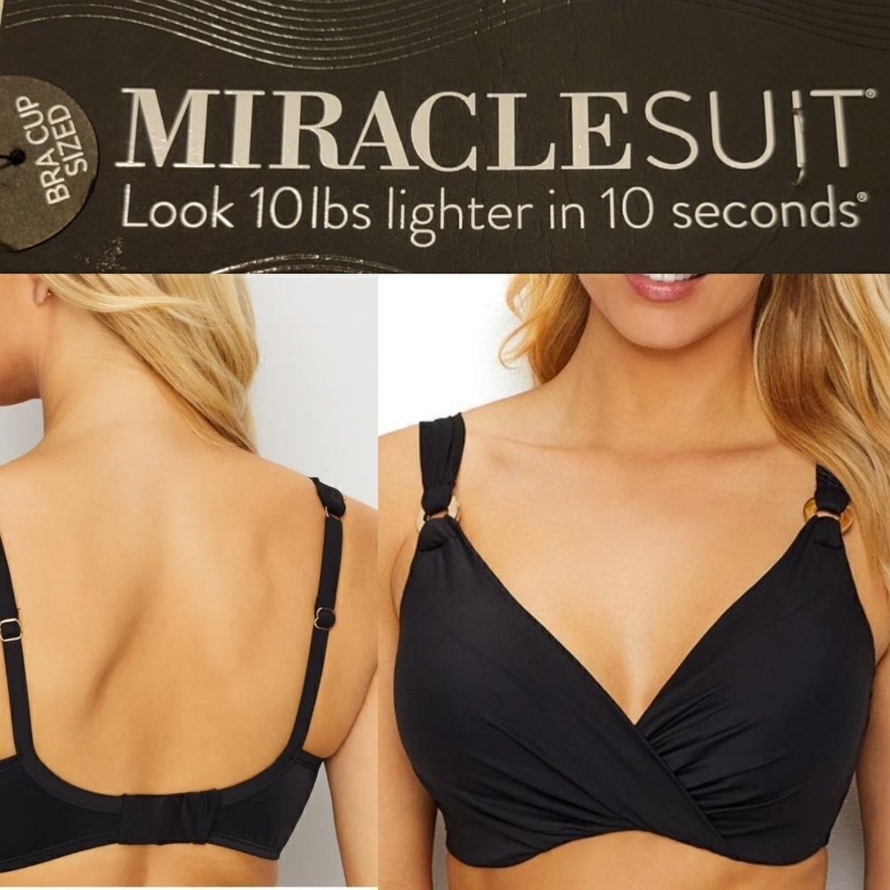 $98 36DD MIRACLESUIT NEW BLACK GOLD HIDDEN CLASP SLIMMING SWIM BIKINI TOP XL NWT